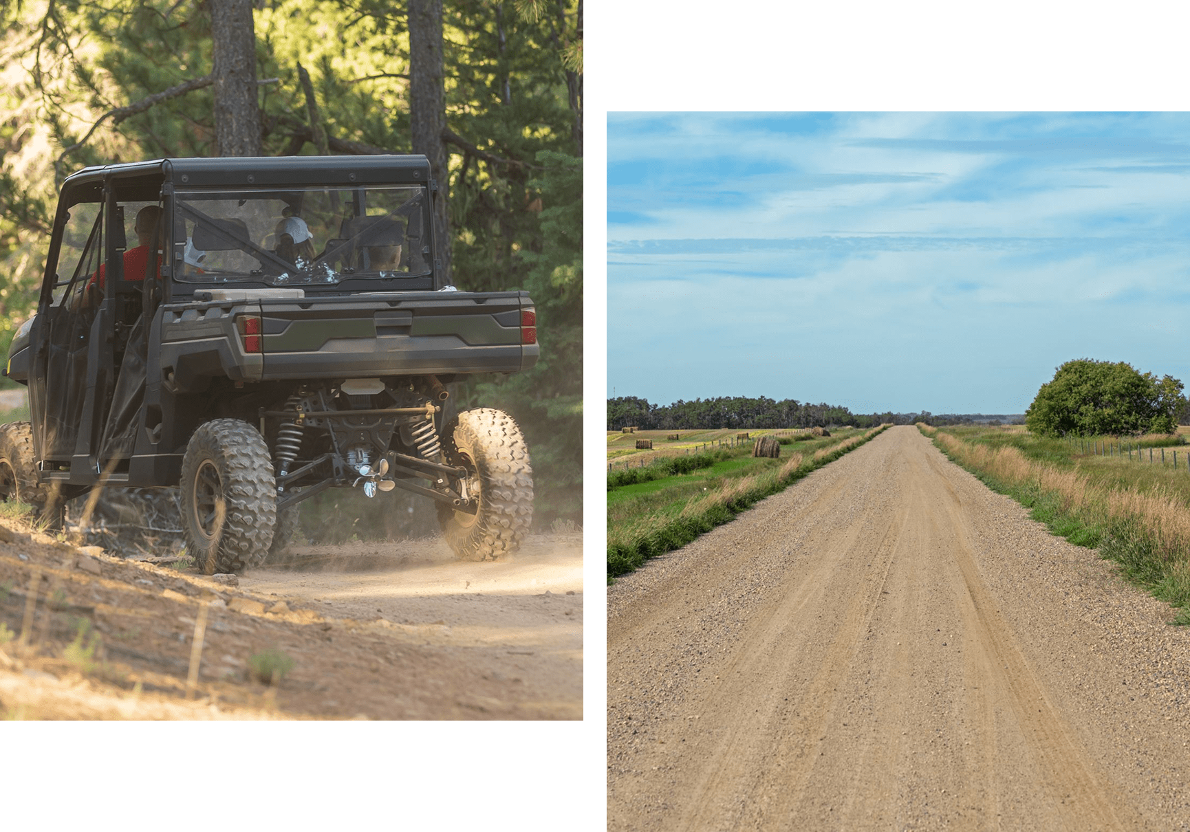 Off-road vehicle and rural dirt road.
