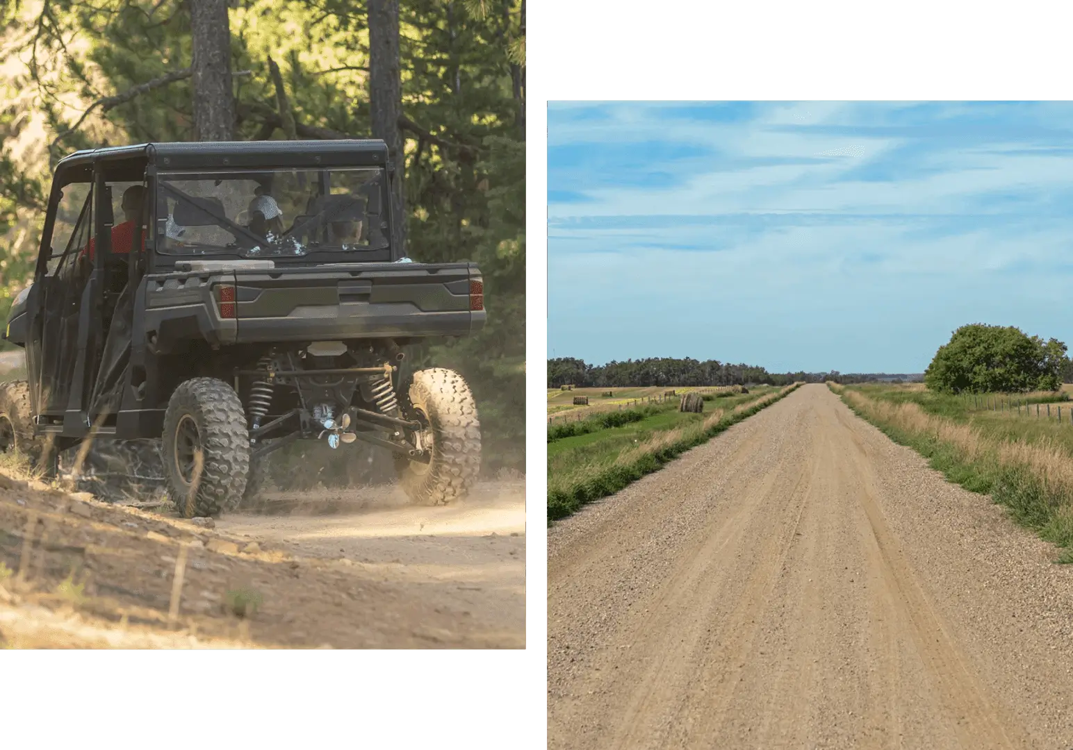Off-road vehicle and rural dirt road.